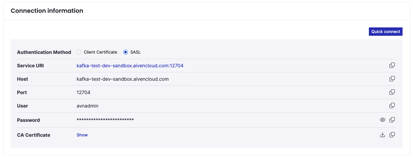 Choose between SASL and certificate connection details