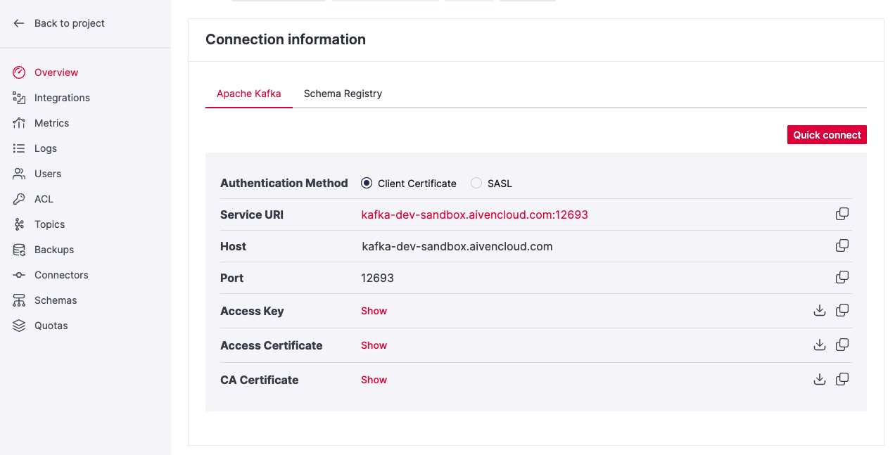 Download the Access Key, Access Certificate and CA Certificate from the Aiven console